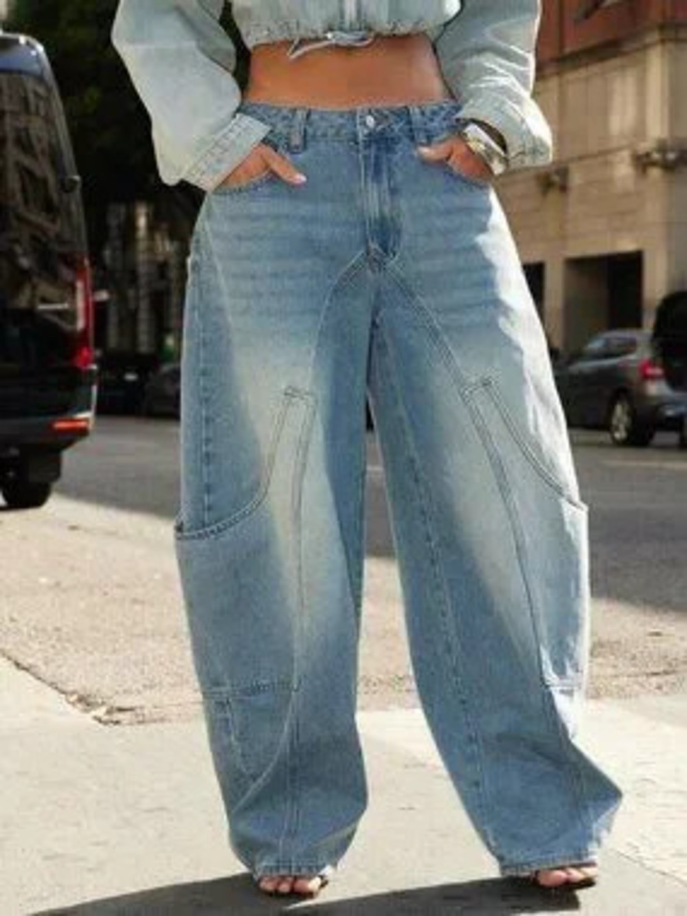 Light Wash Casual Women's Oversized Pocket Barrel Leg Jeans Denim Barrel Leg